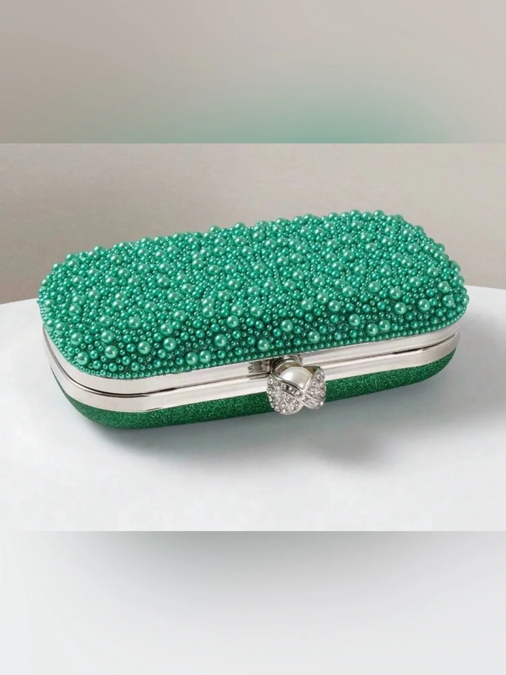 Pearl & Crystal Embellished Clutch - Gree